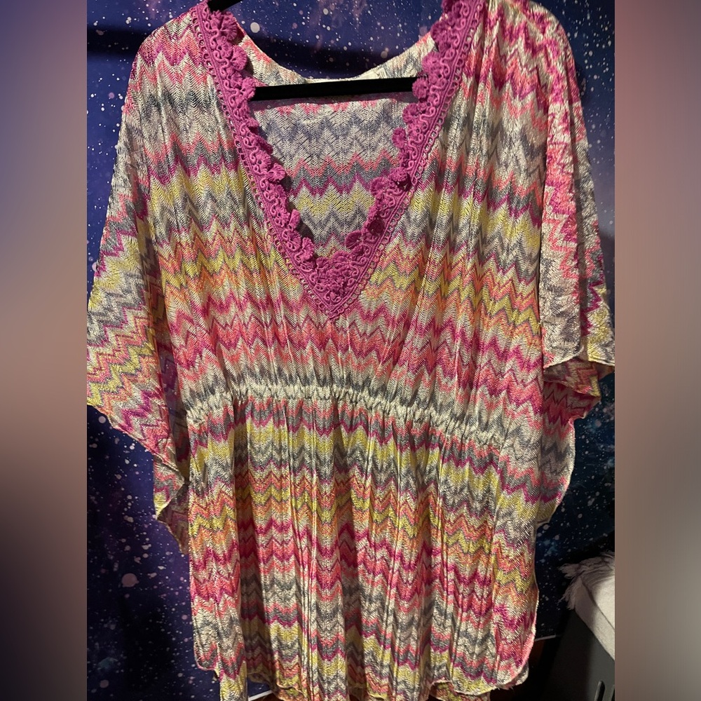 Solitaire Zig-Zag Knit Y2K Multicolor Beach swimsuit Cover Up Top Fits Up To 3x